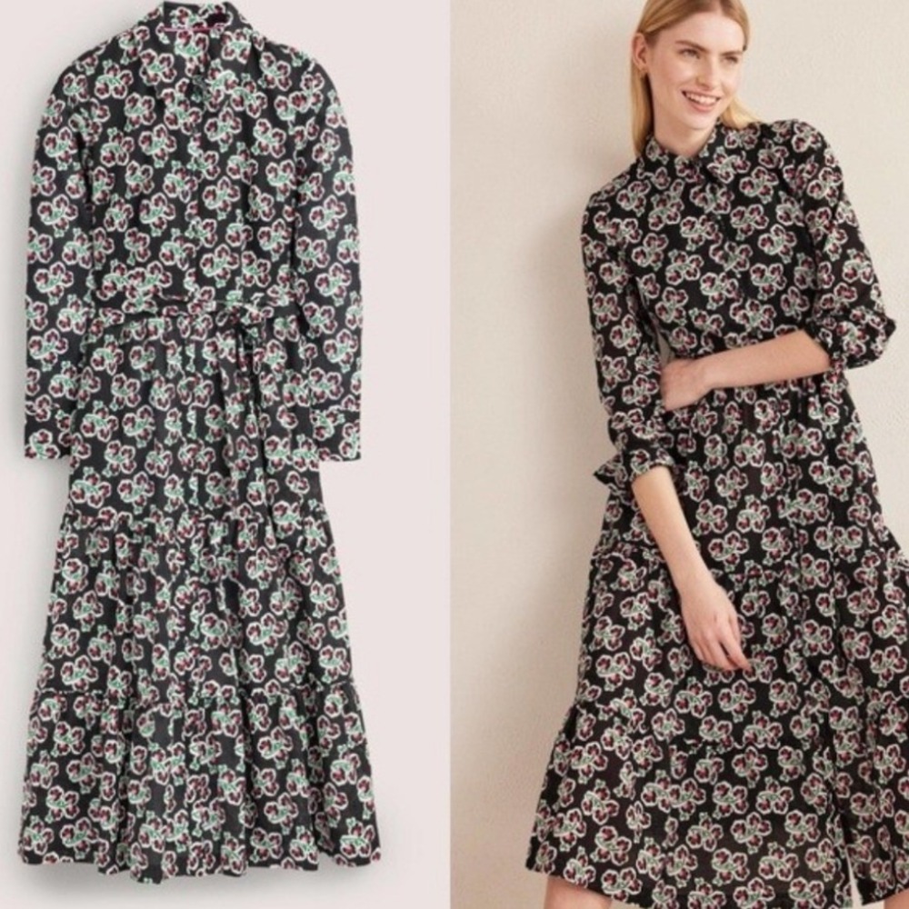 Boden Black Multi Floral Cotton Tiered Long Sleeve Midi Shirt Dress US 8R